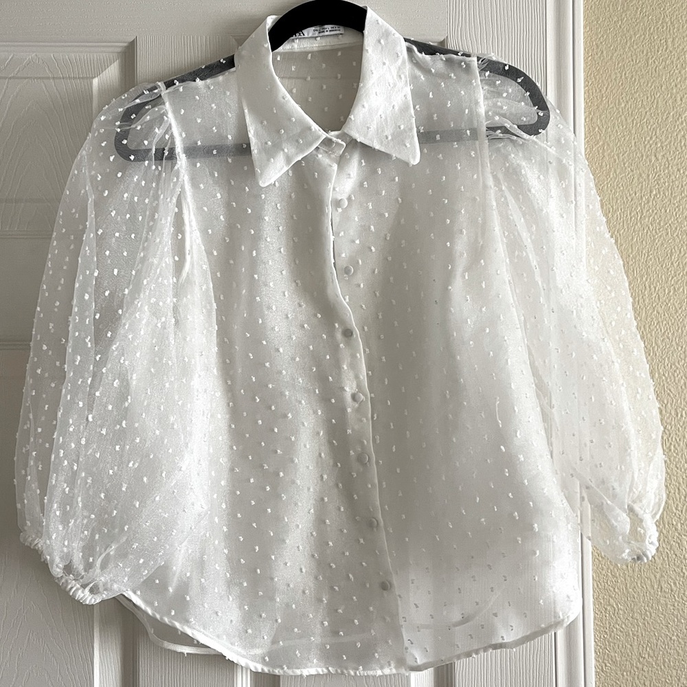 Zara White Translucent Puff Sleeve Top (size L)